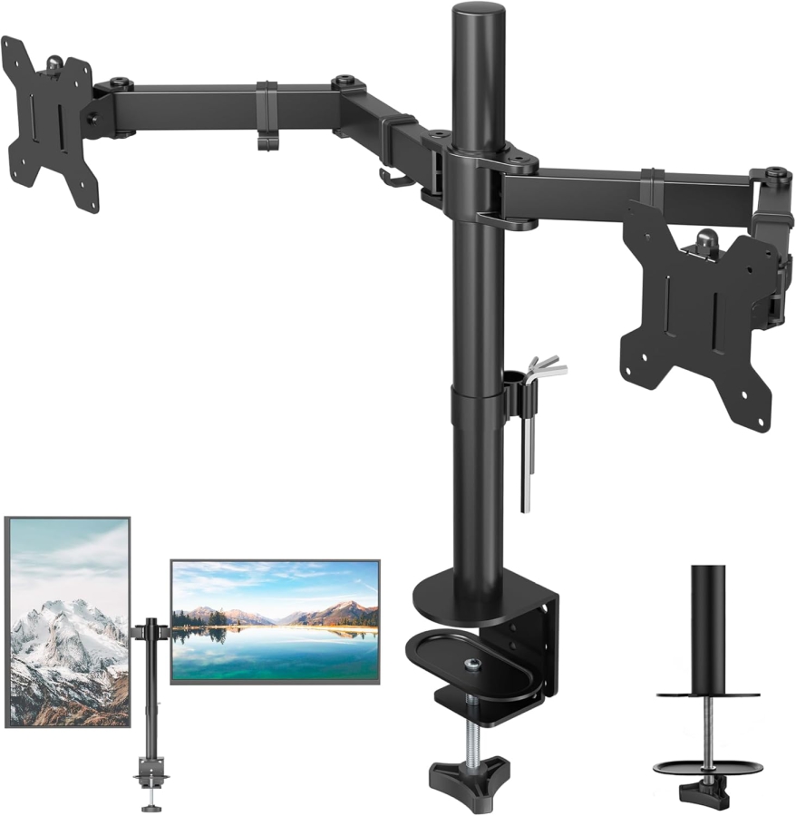 BONTEC Dual Monitorhalterung 13-27" [bis 10kg/Arm] – Höhenverstellbar (Ergonomisches Doppel-Setup: Ideal für Homeoffice & Büro – Einfache Montage.)